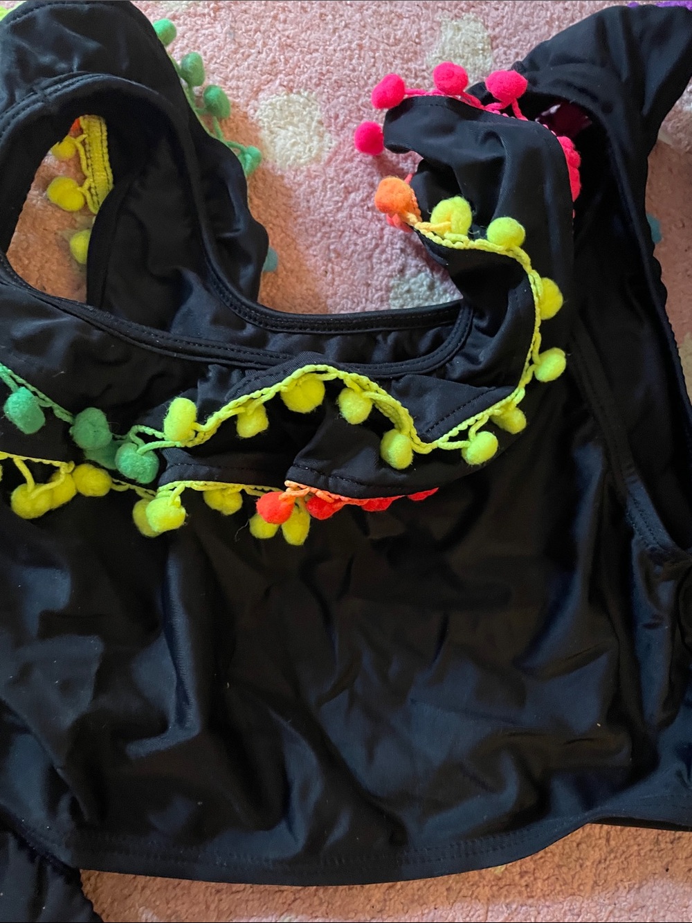 Pilyq Black Kids Swim Top with Neon Pom-Pom Trim